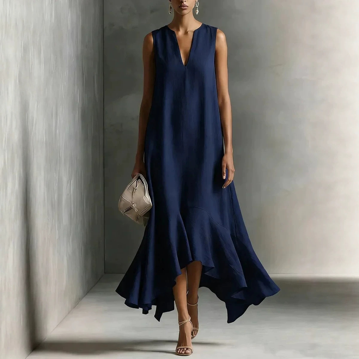 V-Neck Sleeveless Solid Color Asymmetrical Hem Long Dress