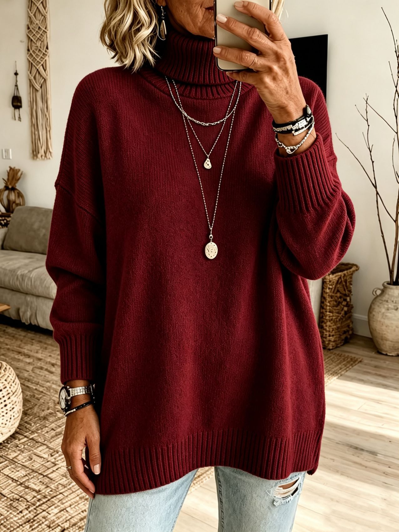Women's Turtleneck Sweater Loose Knit Pullover Soft Thickened Base Layer
