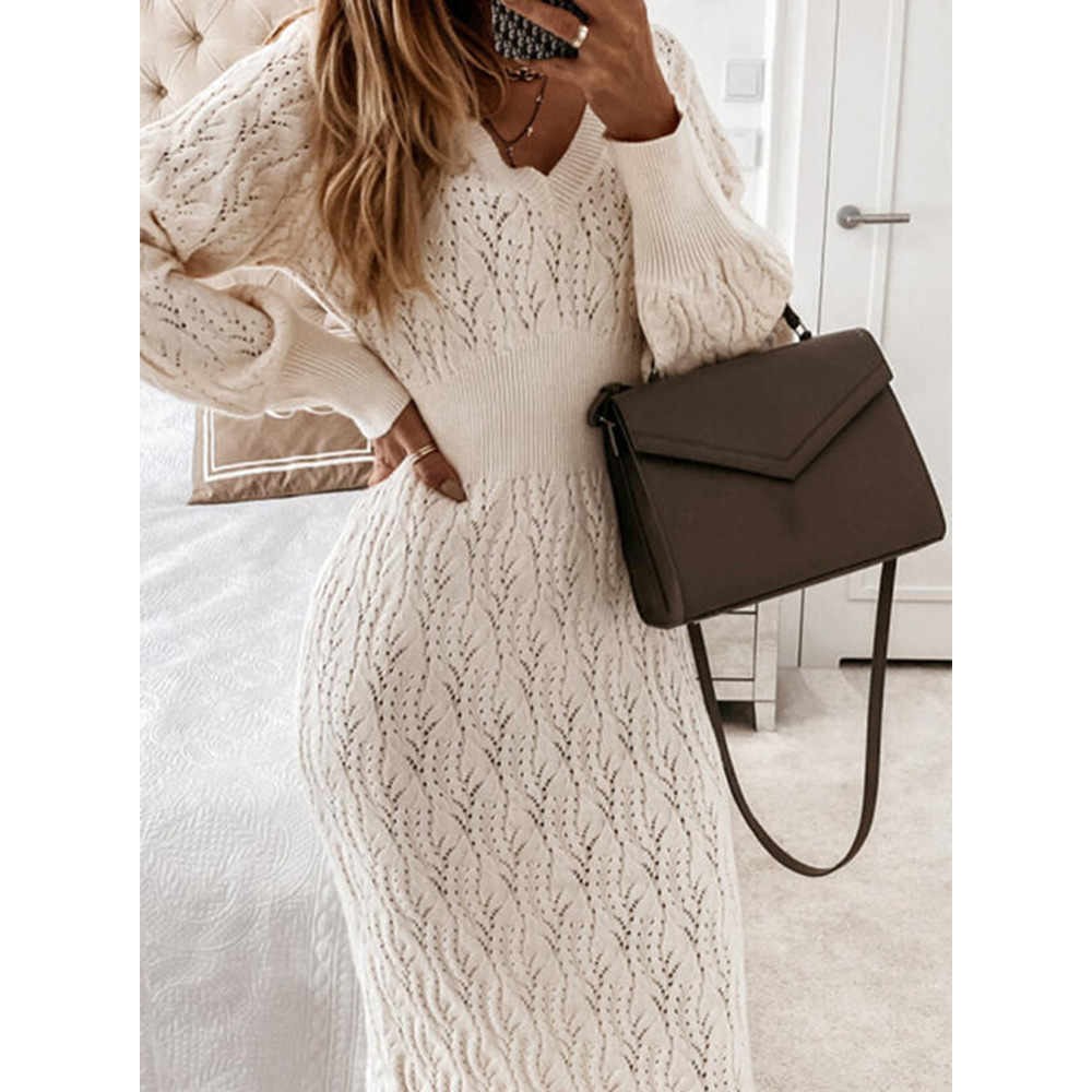 Plus Size Knit Bodycon Sweater Dress V-Neck Long Sleeve