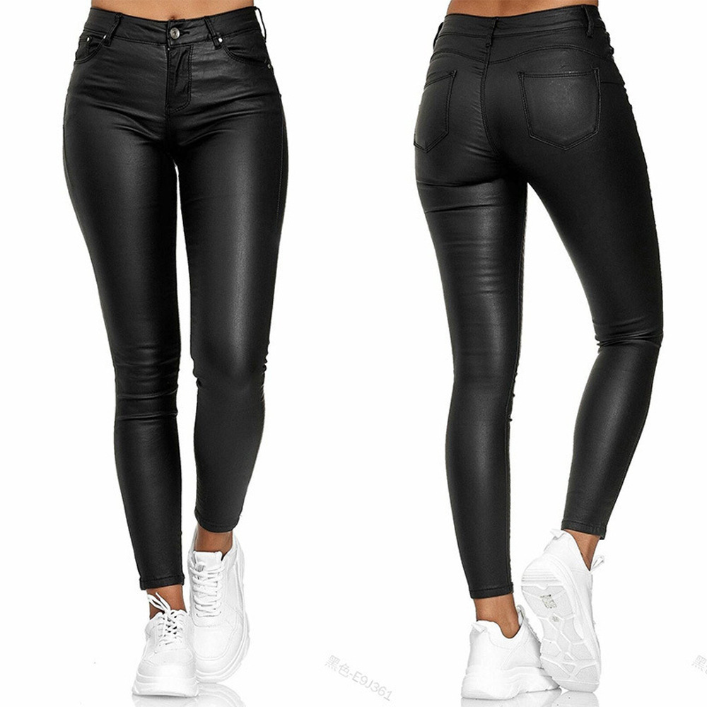 High-Waisted Solid Faux Leather Skinny Pants for Women