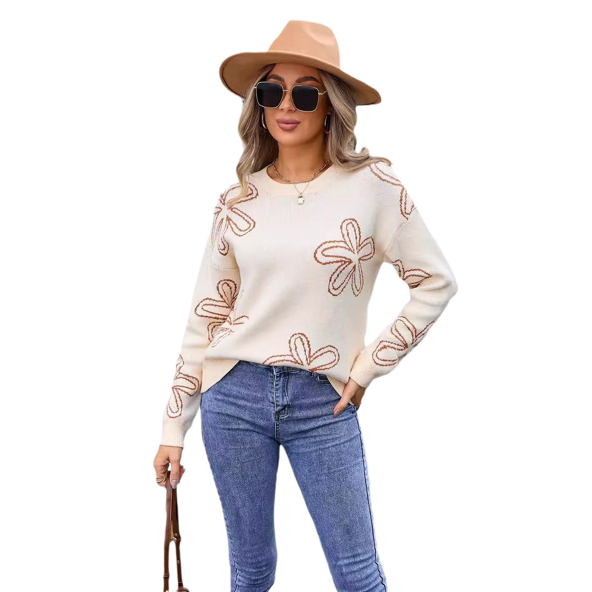 Floral Long-Sleeve Crewneck Knit Sweater