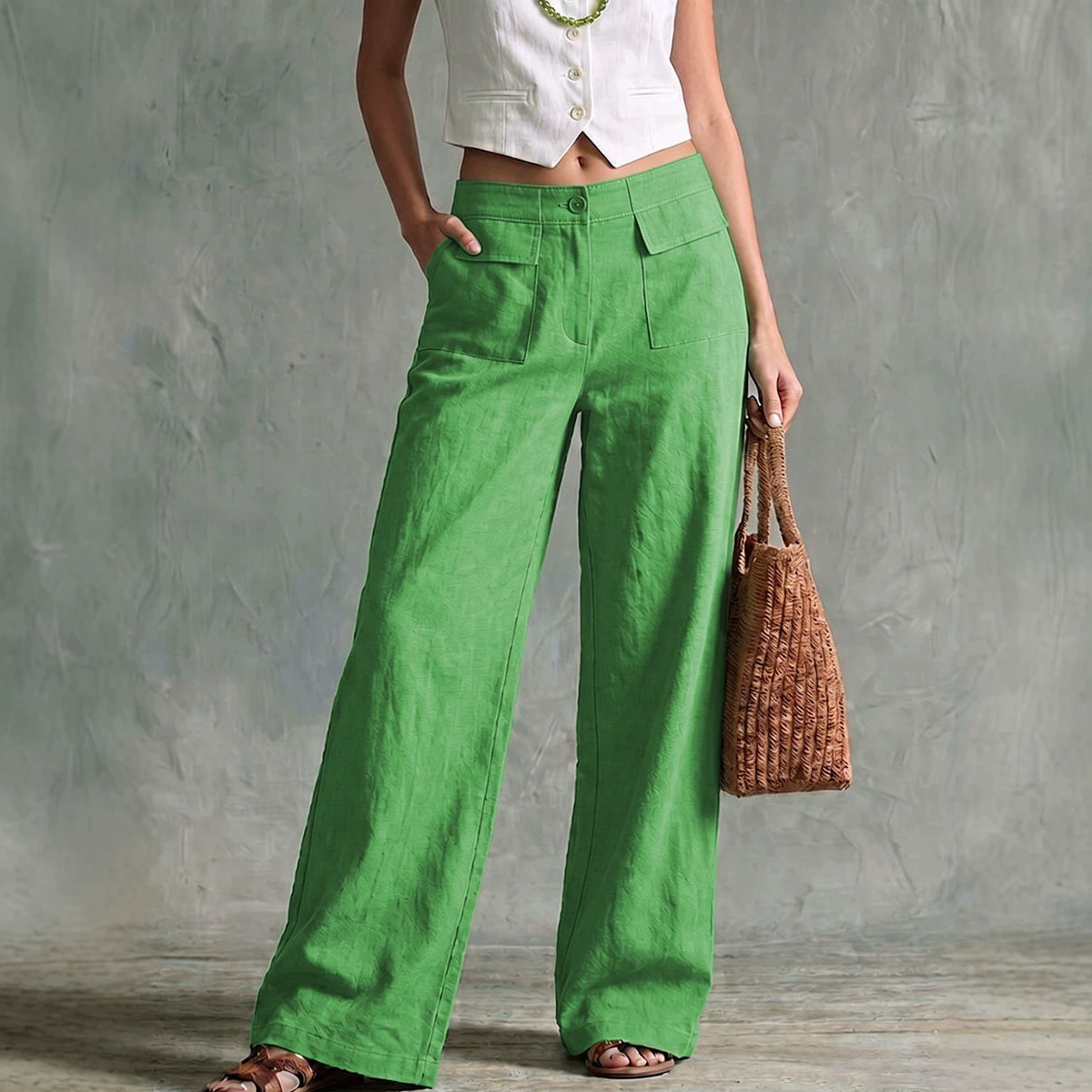 Women's Solid Cotton-Blend Wide-Leg Casual Pants High Waist Loose Fit
