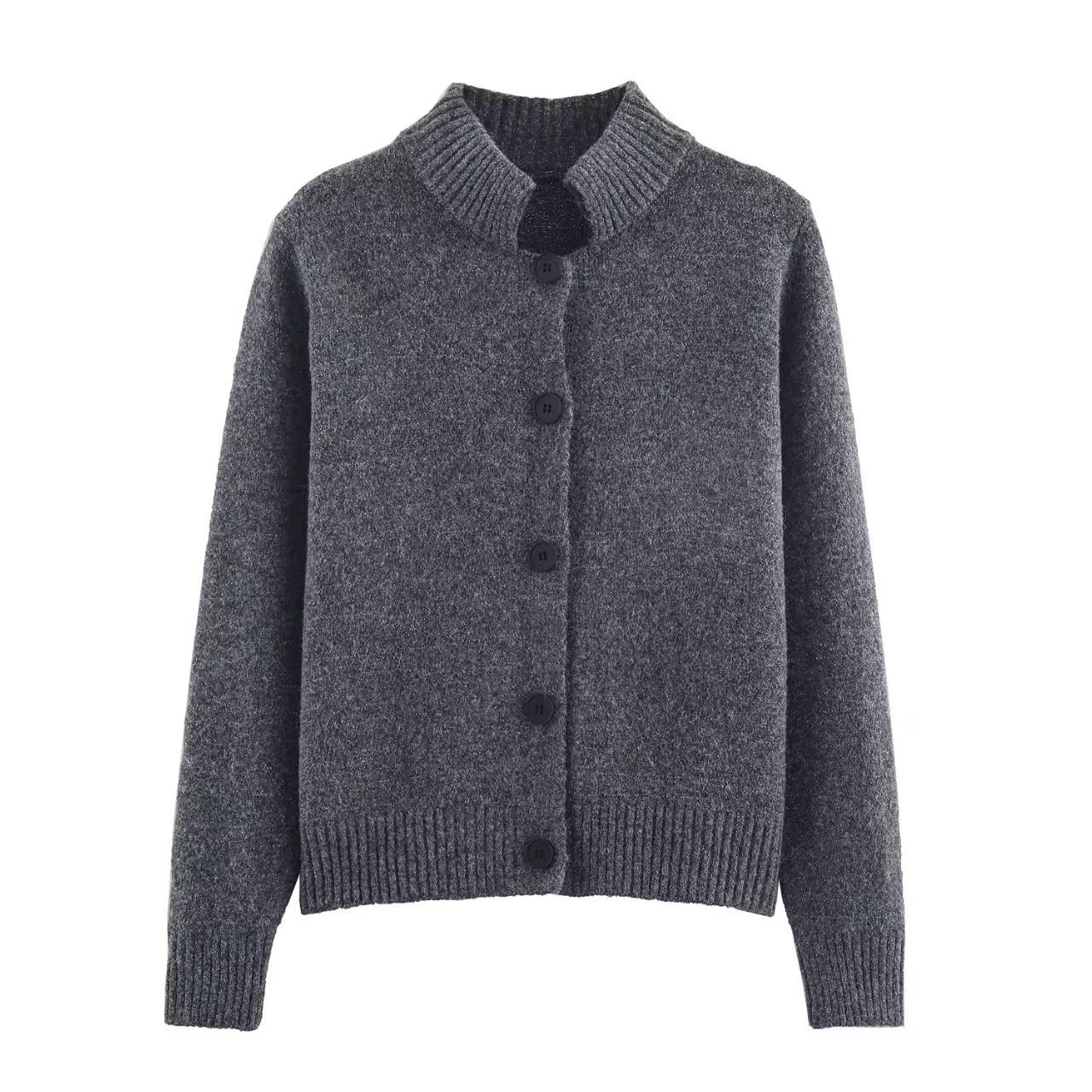 Women's Loose Knit Cardigan Stand Collar Button Front Solid