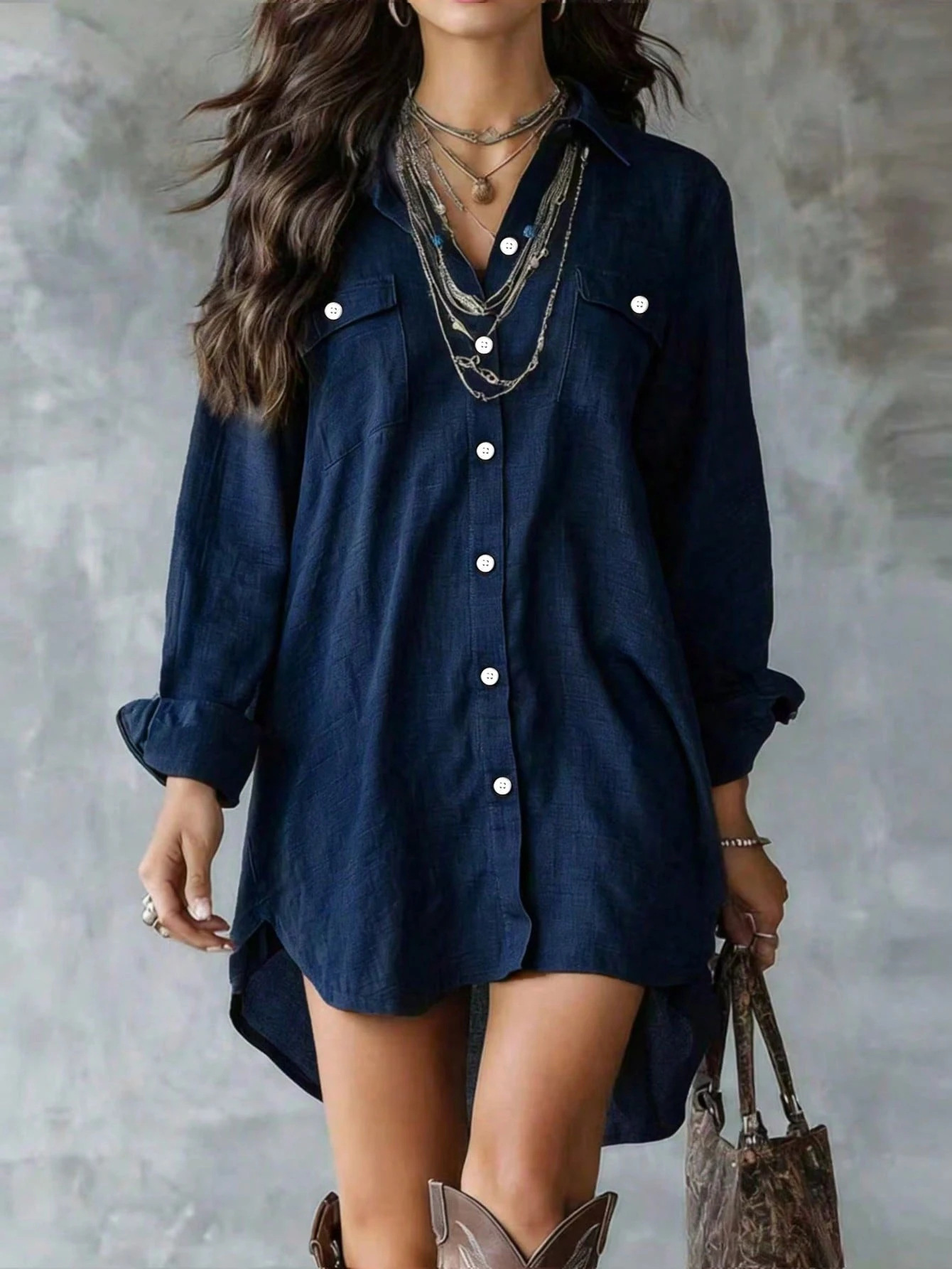 Cotton-Linen Long-Sleeve Button Shirt Dress with Slit