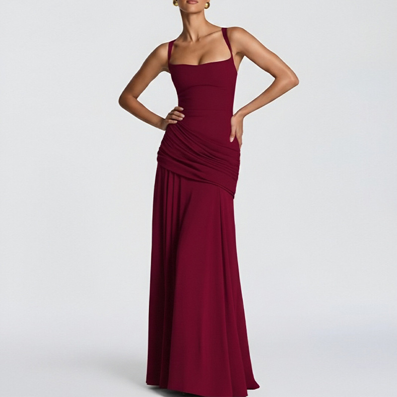 Elegant Solid Pleated Waist-Cinching Midi Dress