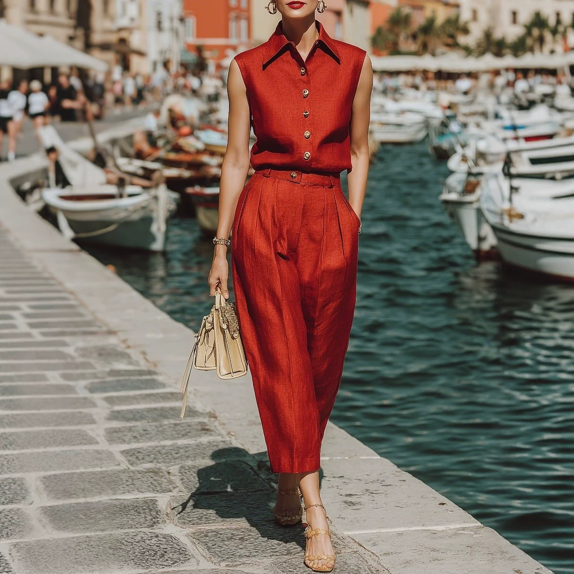Red Collared Sleeveless Shirt and Pants Two-Piece Set