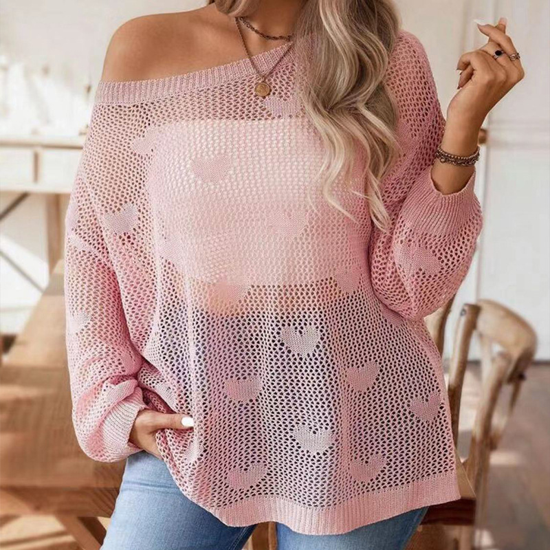 Women's Loose Sheer Mesh Heart Pattern Pullover Sweater