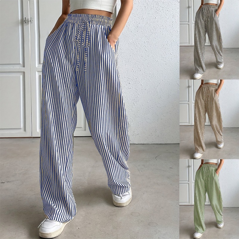 Striped Wide-Leg Drawstring Pants with Pockets