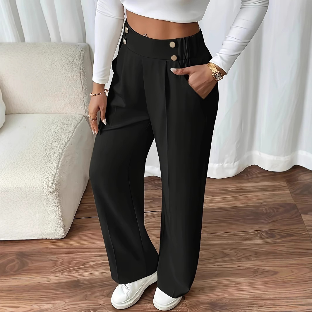 Women's High-Waist Straight-Leg Suit Pants with Drape, Solid Color