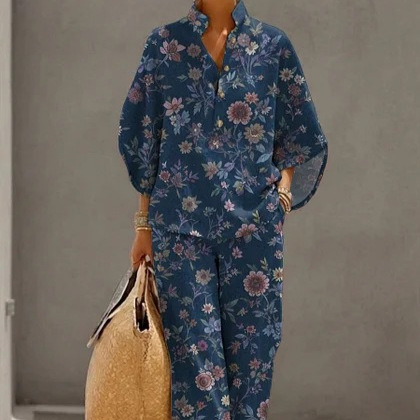 Women's Polka Dot Floral Print Long Sleeve Button-Up Top Set