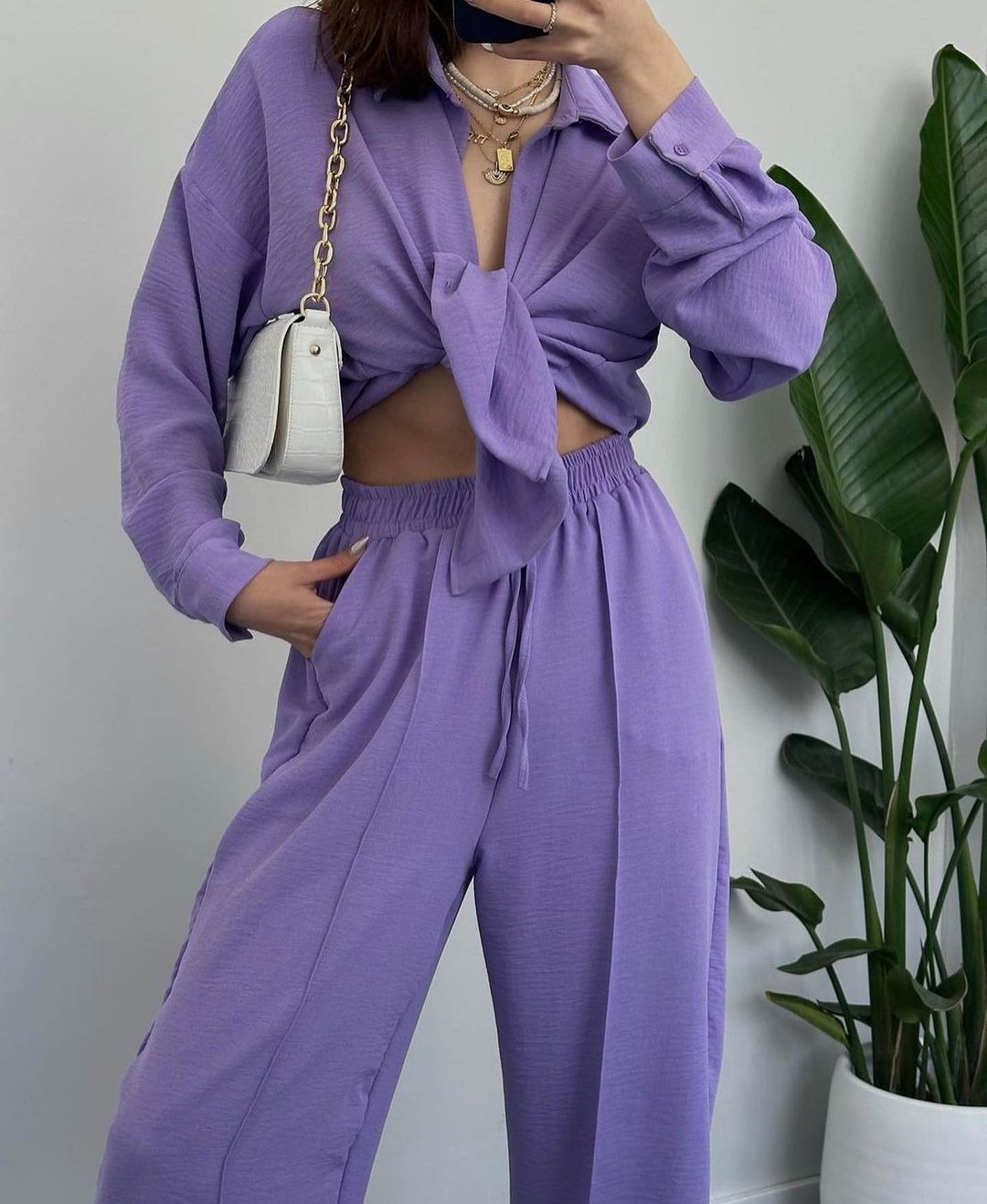 Women's Casual Two-Piece Set with Loose Collared Shirt and Tie-Waist Pants