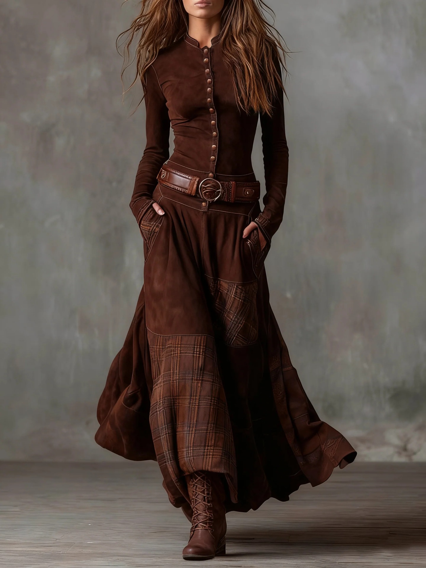Retro Patchwork Wide-Leg High-Waist Long Sleeve Maxi Dress
