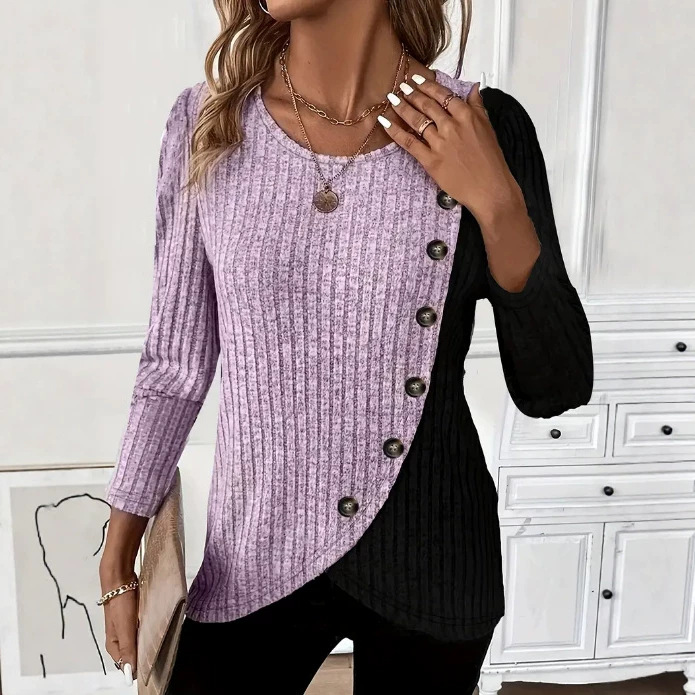 Women's Colorblock Ribbed Knit Long Sleeve Round Neck T-Shirt with Cross Hem