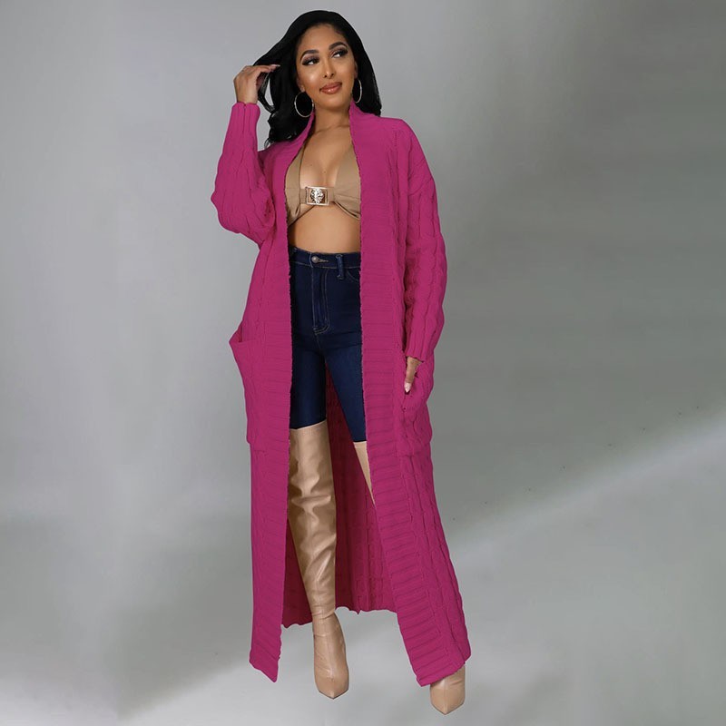 Cable-Knit Open-Front Long Cardigan with Pockets