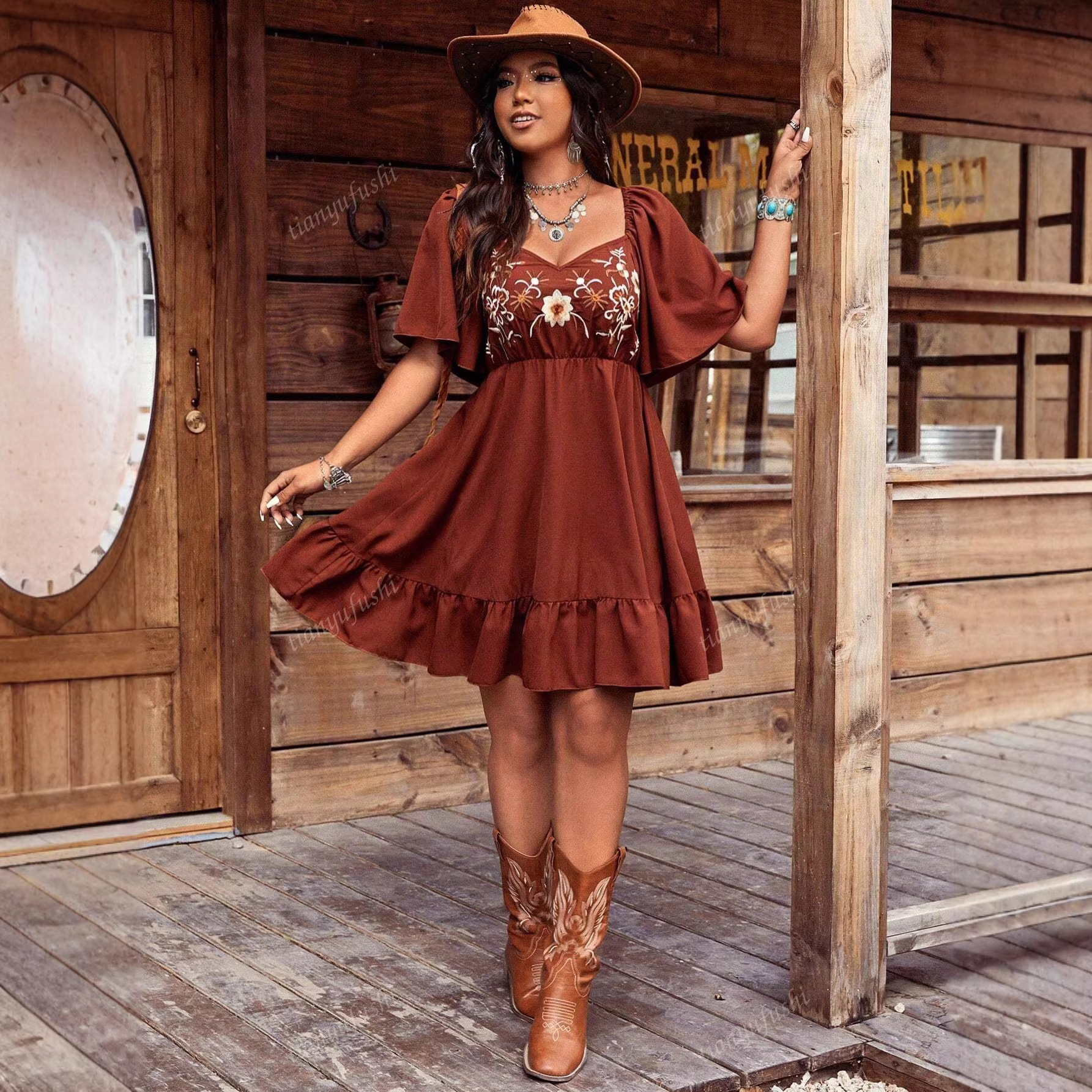 Plus Size Boho Embroidered Square Buckle Ruffle Short Sleeve Mini Dress