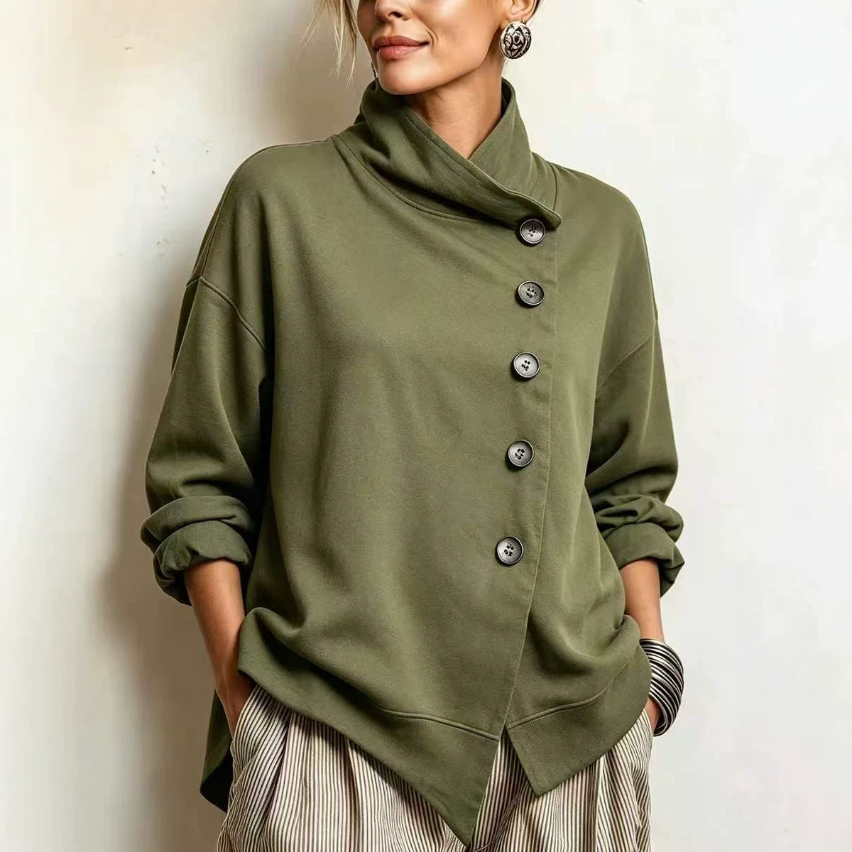 Stand Collar Asymmetric Hem Button-Front Loose Fit Long Sleeve Solid Color Sweatshirt for Women