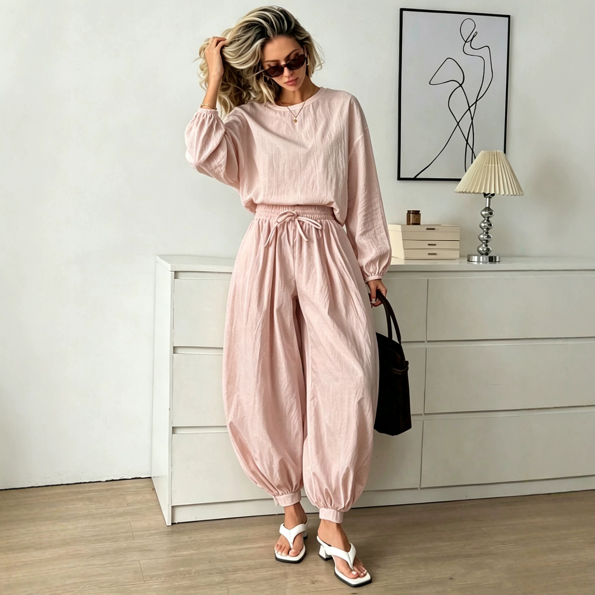 Women's Solid Color Round Neck Loose Sleeve Top and Wide-Leg Pants Two-Piece Set