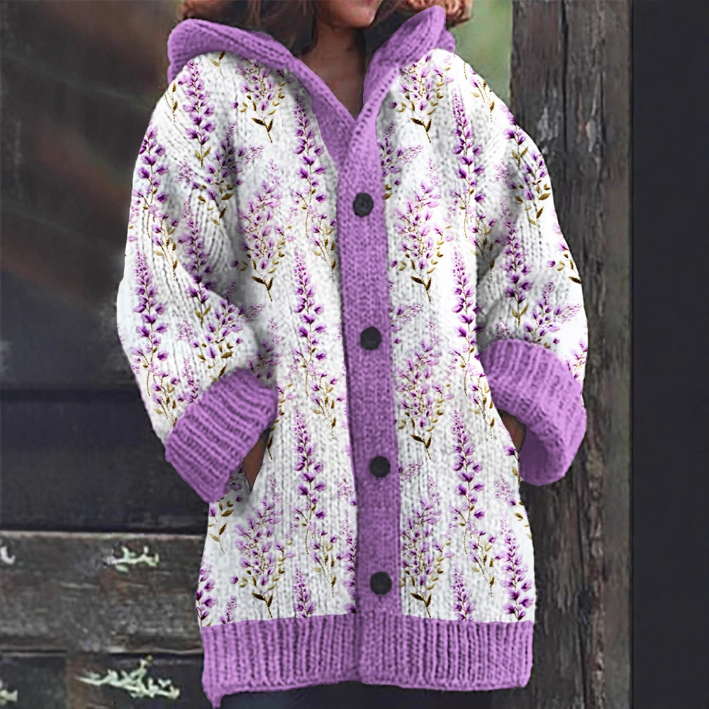 Women's Floral Ghost Print Hooded Button Cardigan Sweater