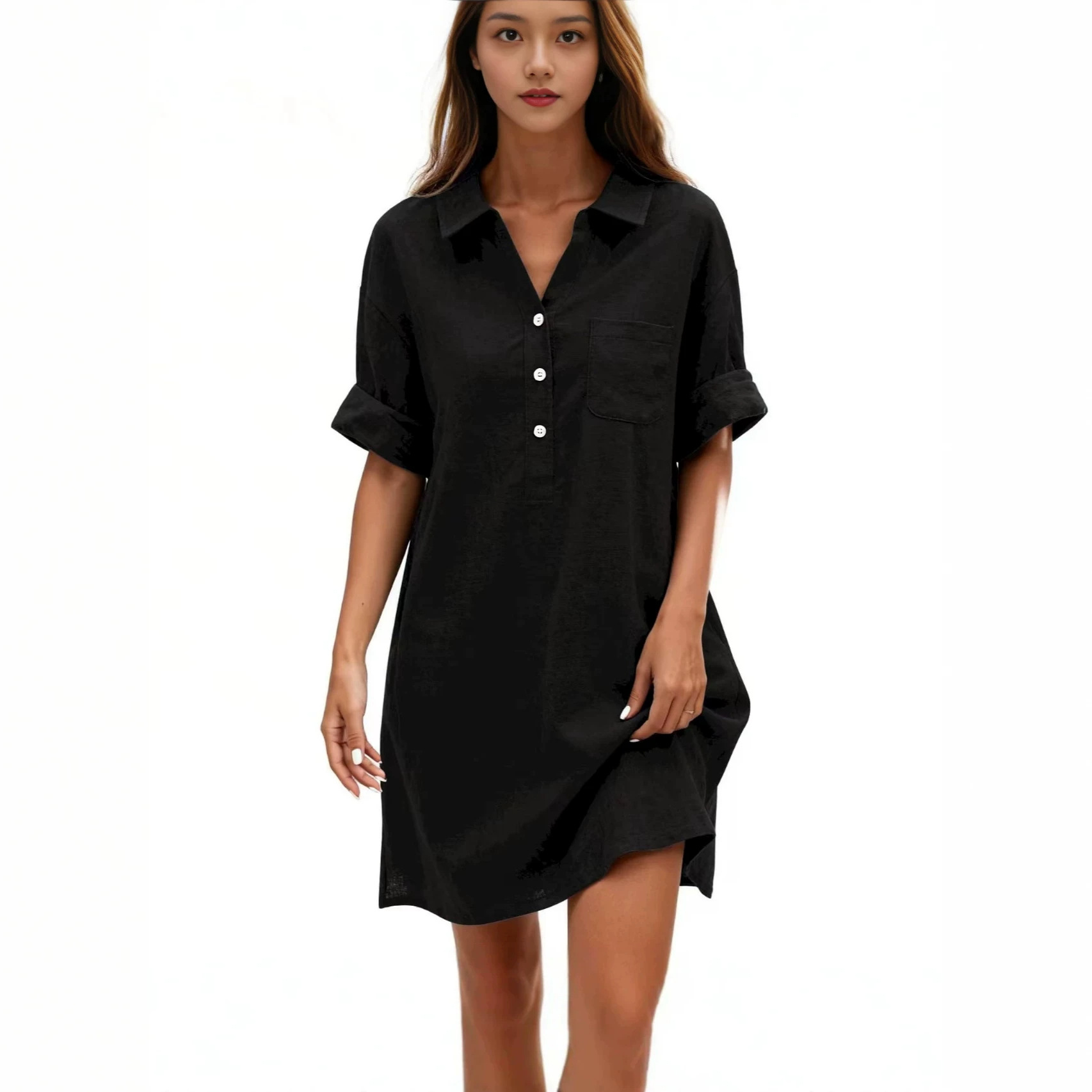 Women's Cotton Short Sleeve Midi Dress with Small Lapel Collar