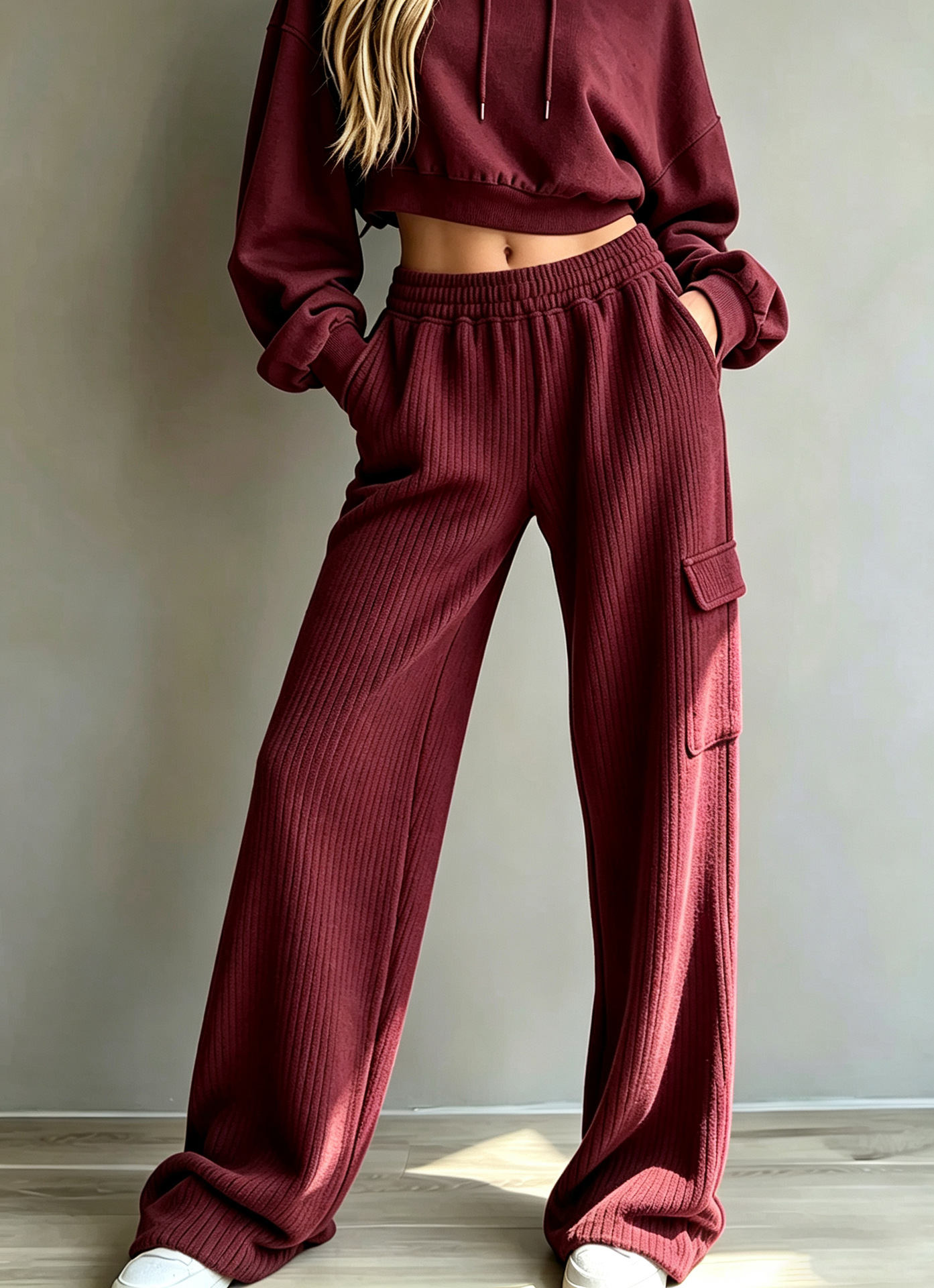 Vertical Ribbed Wide-Leg Cargo Sweatpants High Waist Drawstring