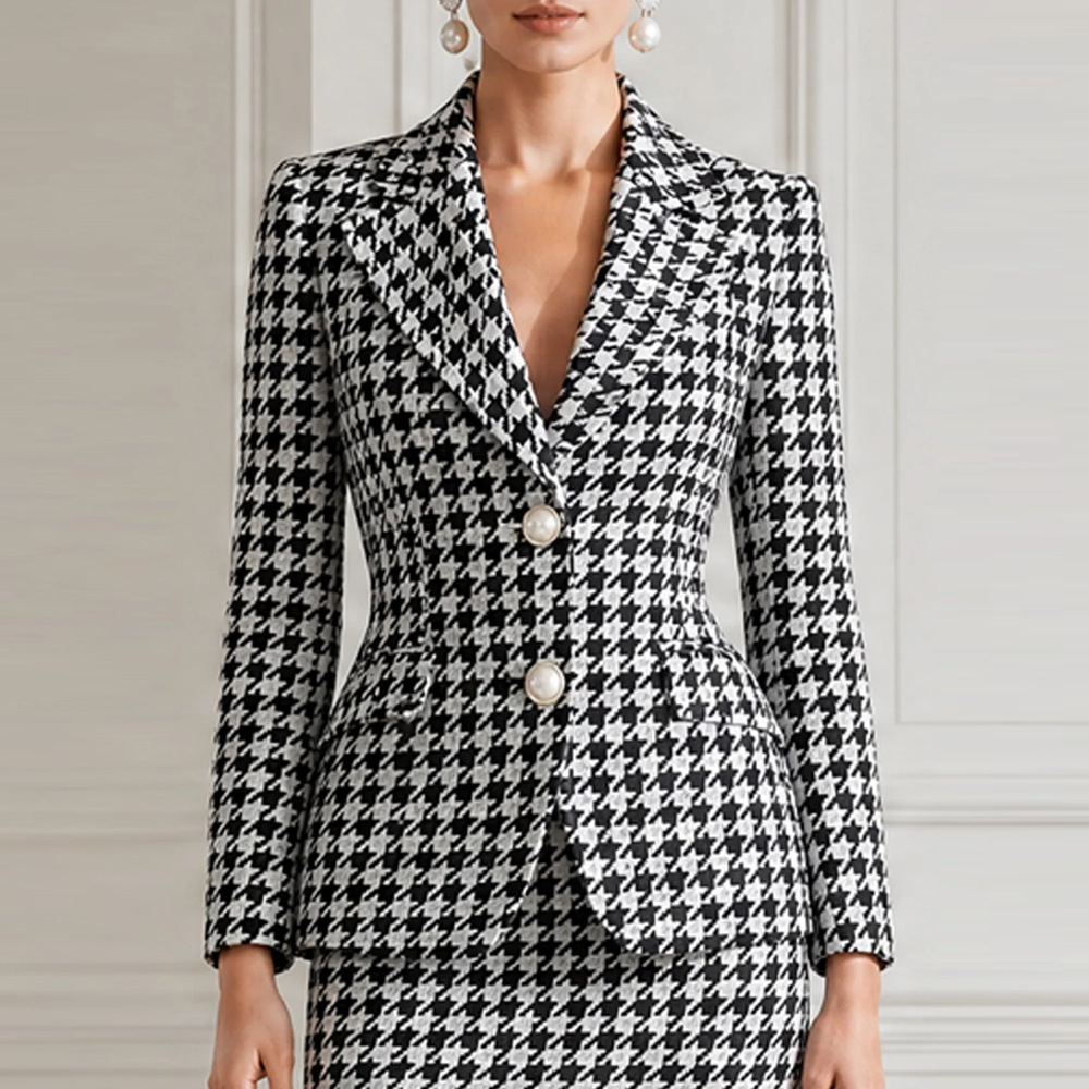 Houndstooth Blazer and Skirt Two-Piece Set