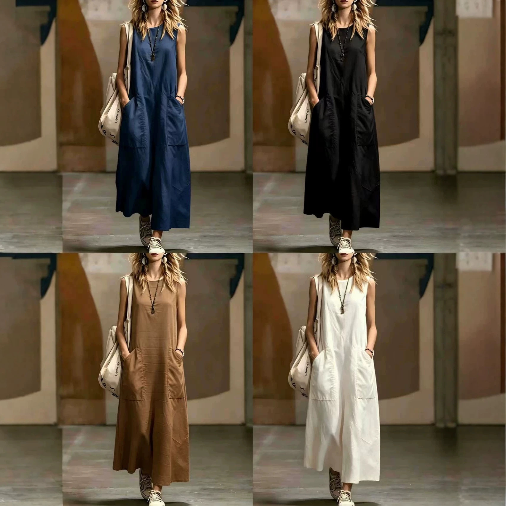 Women's Solid Sleeveless A-Line Midi Dress with Pockets