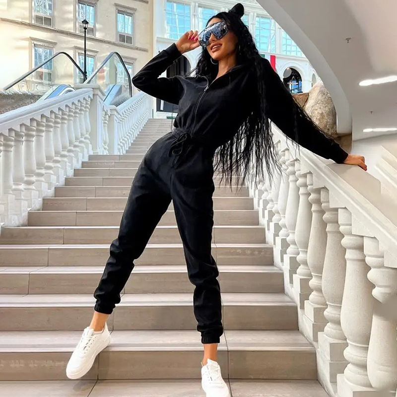 Women's Casual Hooded Drawstring Jogger Jumpsuit with Pockets