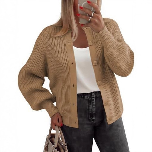 Women's Chunky Knit Button-Front Cardigan Sweater Long Sleeve Crew Neck