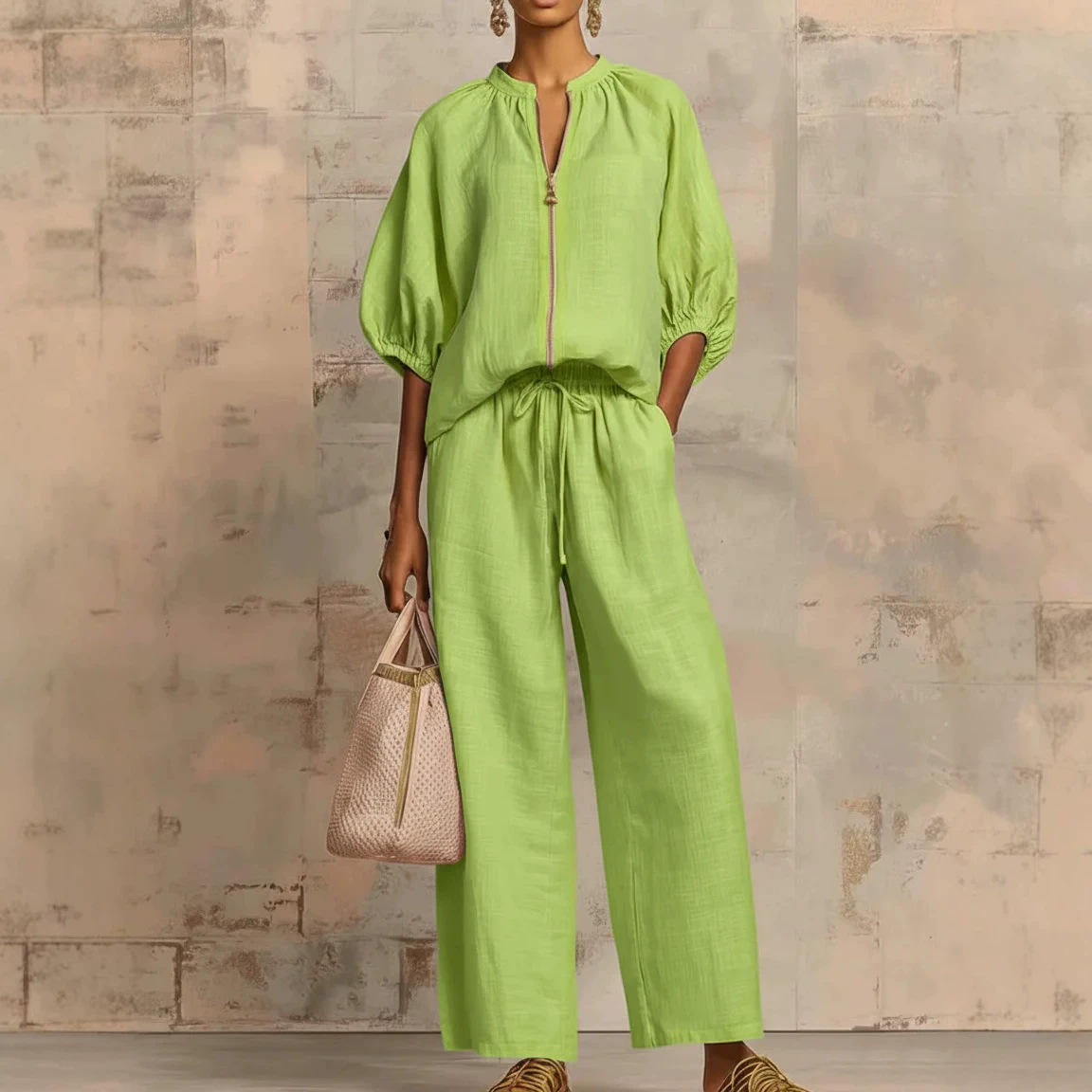 Women's Casual Solid Zip Crew Neck Wide Leg Pants Set