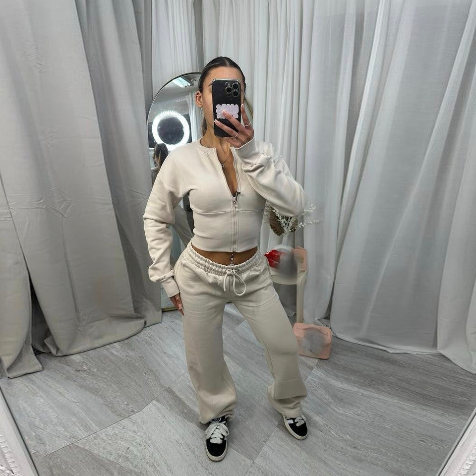 Women's Solid Color Zip Cardigan & Elastic Waist Pants Set Casual Knit