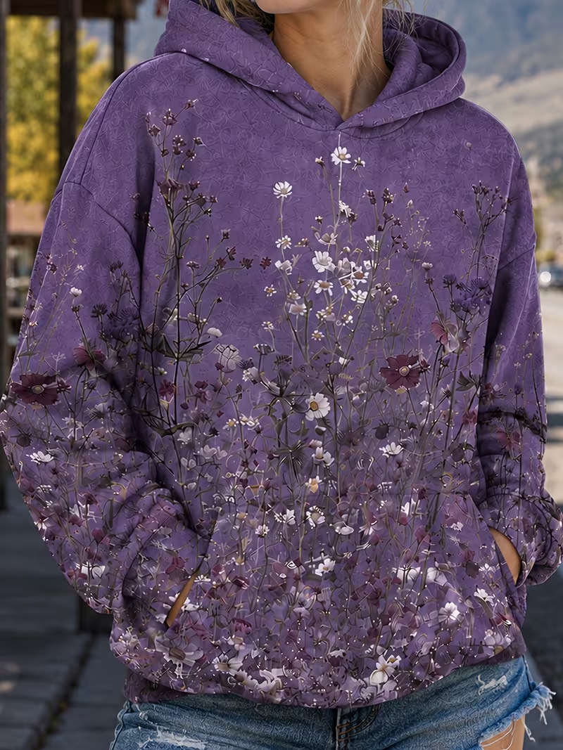 Women's Floral Print Casual Hoodie Long Sleeve Crewneck