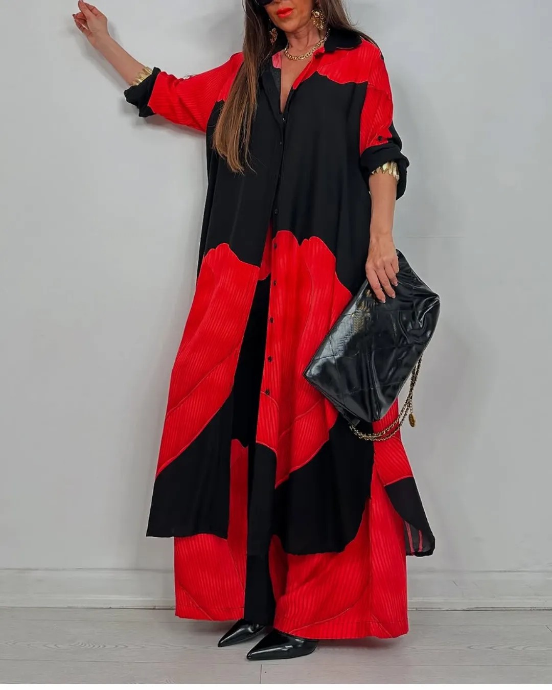 Women's Colorblock Loose Shirt and Pants Two-Piece Set