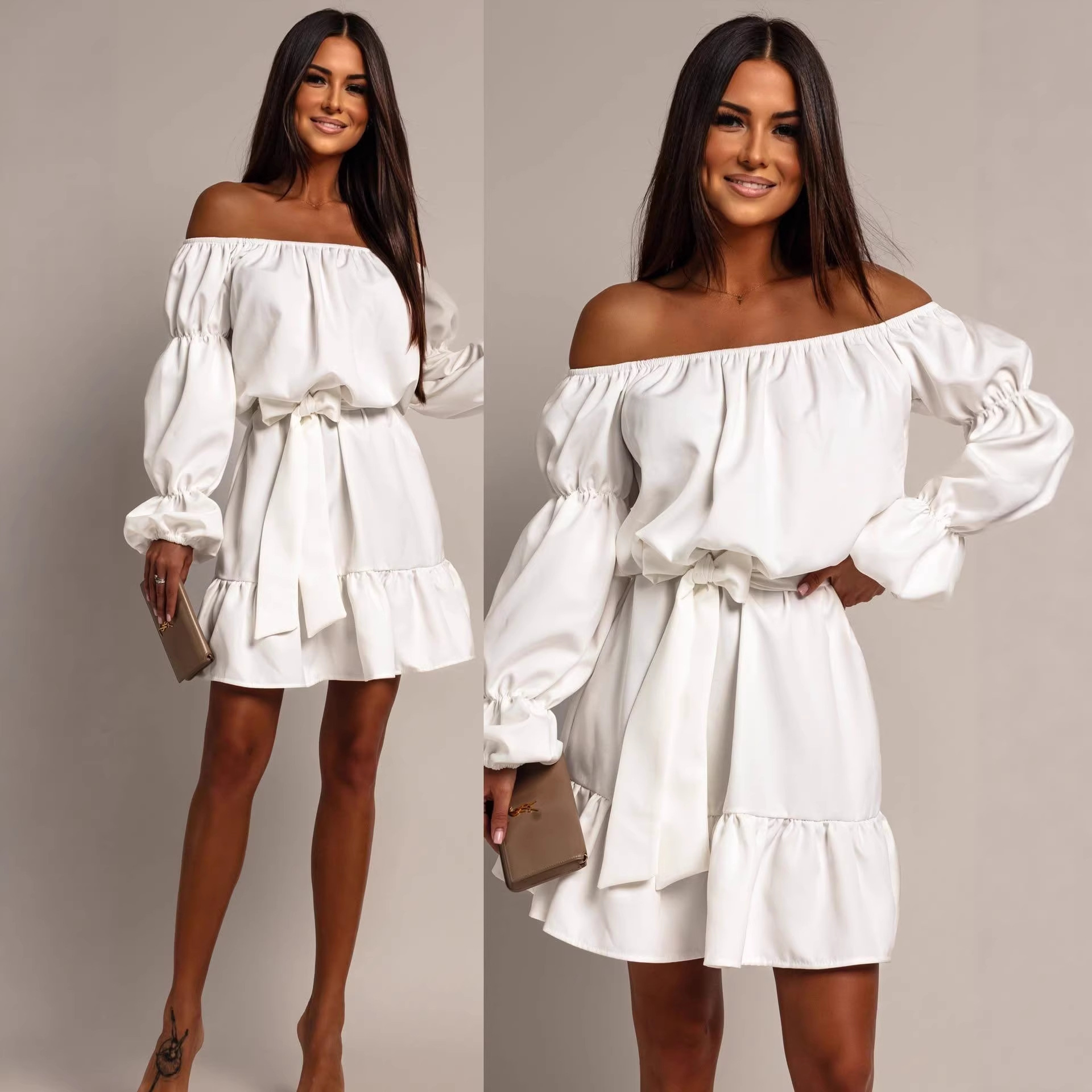 Off-Shoulder Lantern Sleeve High Waist Short Dress
