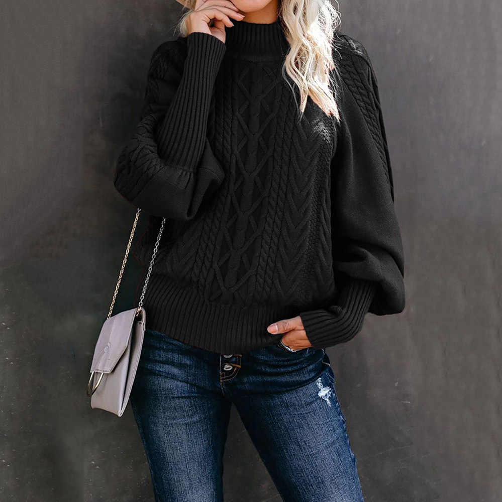Women's Mock Neck Sweater Loose Fit Long Sleeve Knit Solid Color Pullover