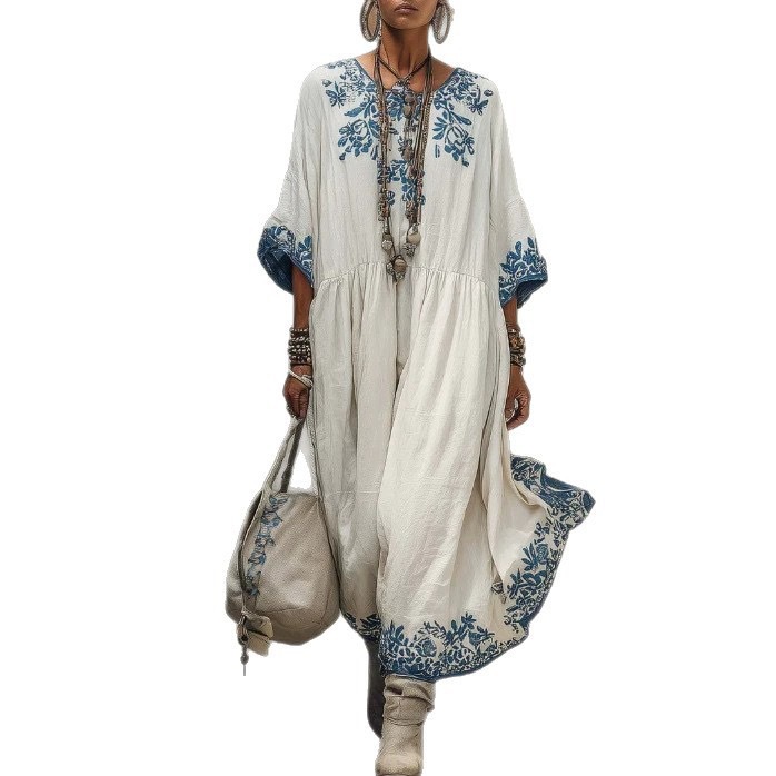 Women's Loose Fit Floral Print Round Neck Midi Dress