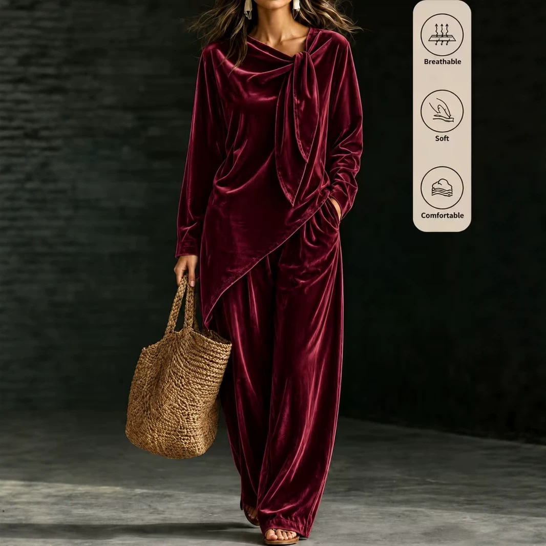 Women's Velvet Lounge Set Long Sleeve Top & Wide-Leg Pants