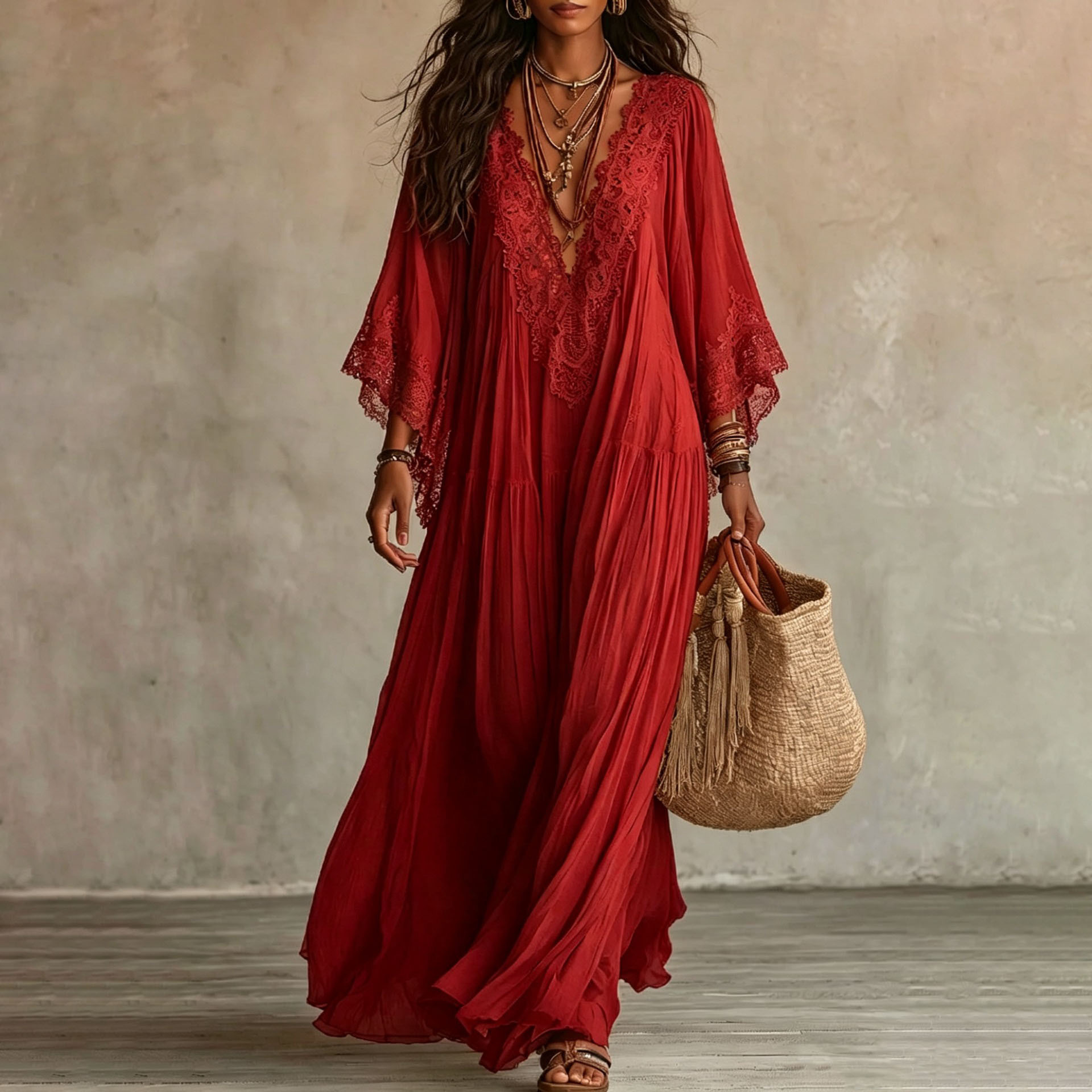 Lace V-Neck Batwing Sleeve Long Dress