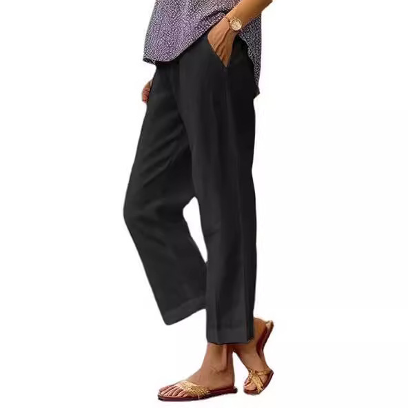 Women's Cotton-Linen Loose Straight-Leg Pants with Elastic Waist and Pockets
