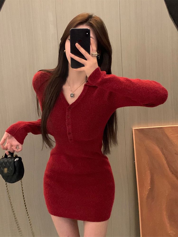 Women's Knit Long Sleeve Bodycon Mini Dress V-Neck Flare Sleeve