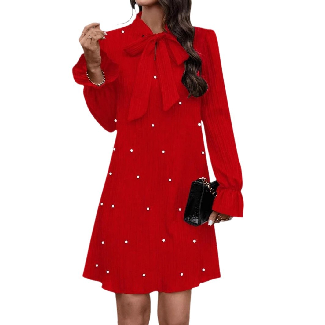 Women's Long Sleeve Solid Color Dress with Ribbon and Beaded Details