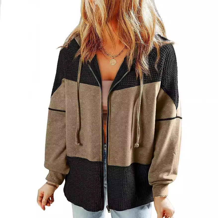 Color-Block Hooded Waffle Jacket with Drawstring