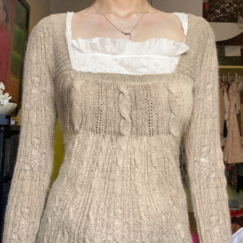 Women's Cable-Knit Square-Neck Sweater in Khaki