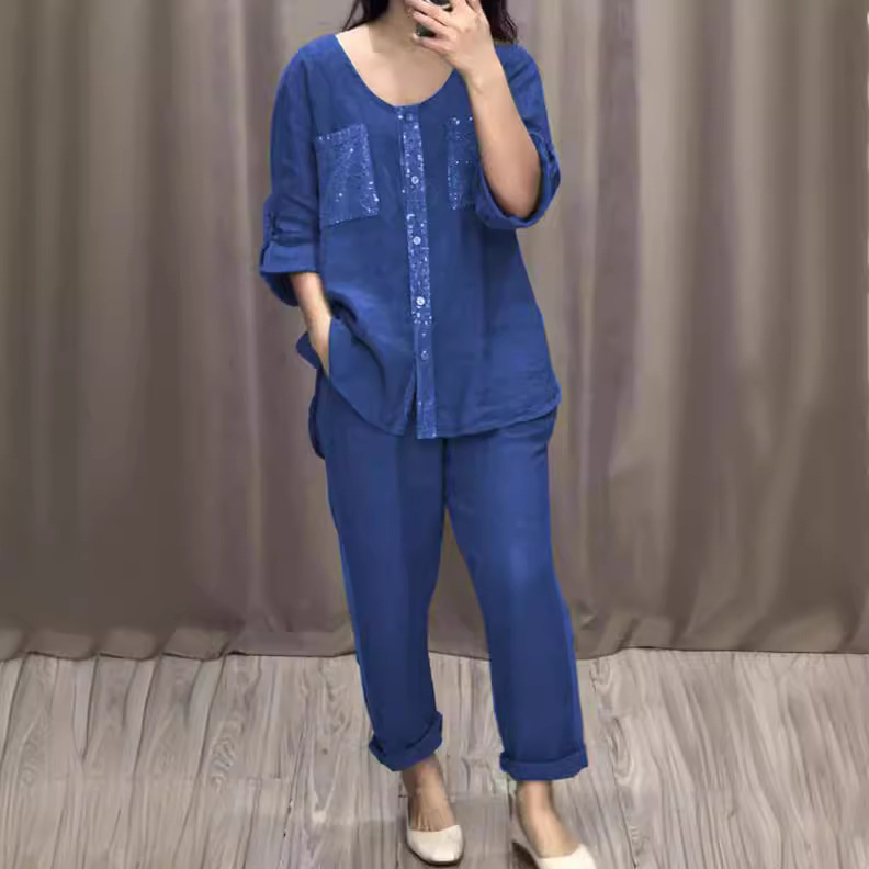 Women's Casual Two-Piece Set with Pockets, Button Placket, and Gold Accents, Round Neck