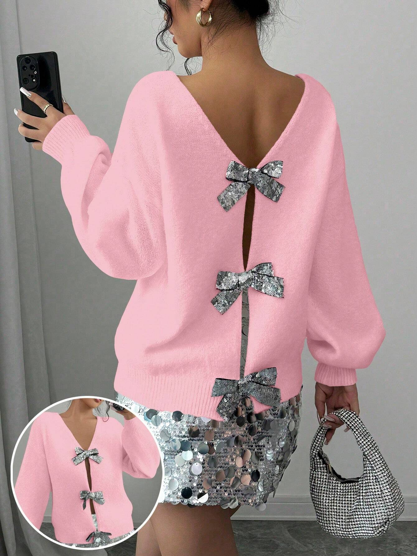 Sequin Bow Loose Long-Sleeve Knit Cardigan Sweater