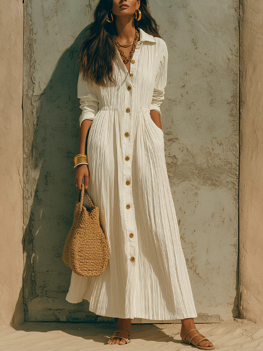 Women's Collared Button-Front Pleated Long Sleeve A-Line Shirt Dress