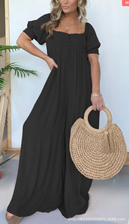 Plus Size Solid Color Puff Sleeve Ruched Jumpsuit