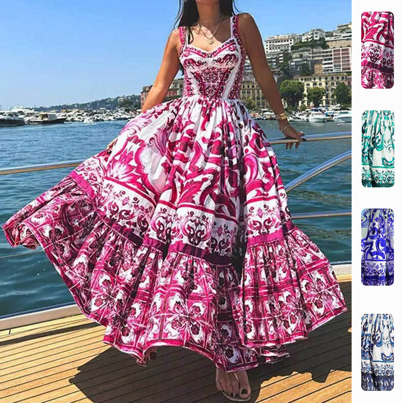 Women's Sleeveless Pleated Waist Ruffle Hem Maxi Dress