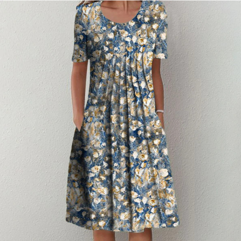 Elegant Floral Print Round Neck Short Sleeve A-Line Dress
