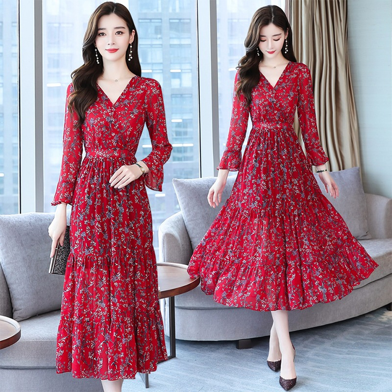 Floral Long Sleeve V-Neck Midi Dress with Waist