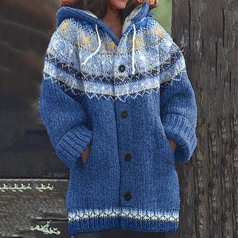 Women's Floral Leaf Print Hooded Button Cardigan Sweater